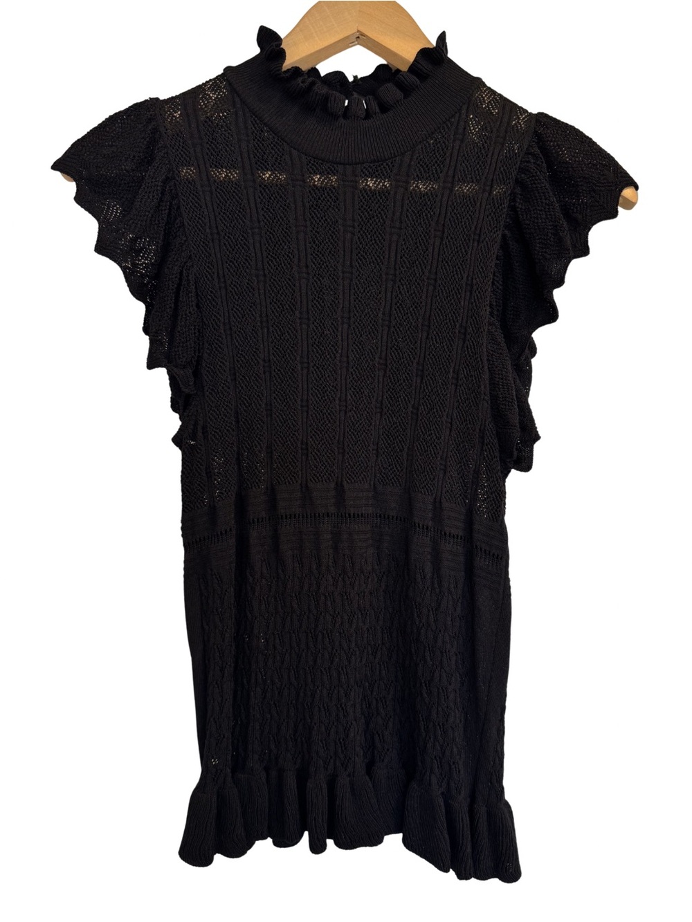 Zara Black Pointelle Knit Ruffle Mock Neck Top Size S